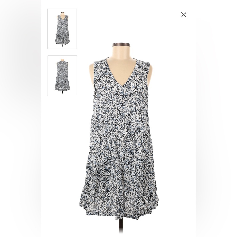 Lucky Brand Blue Ditsy Floral 100% Linen Midi Tier Shift Swing Dress